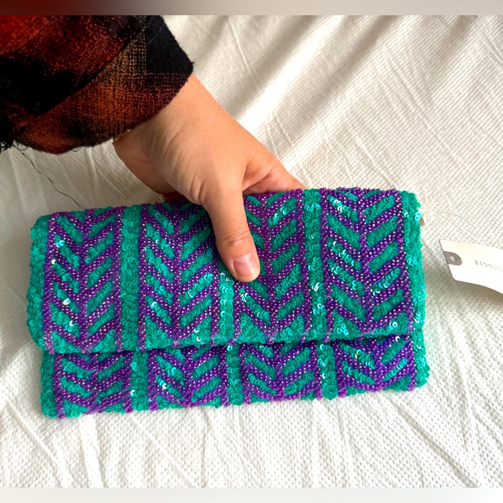 Anthropologie NWT beaded sequin chevron zip envelope clutch